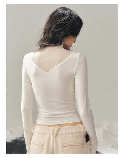 040126 “Vanishing Curve” Sheer Lace Turtleneck Base Top - White