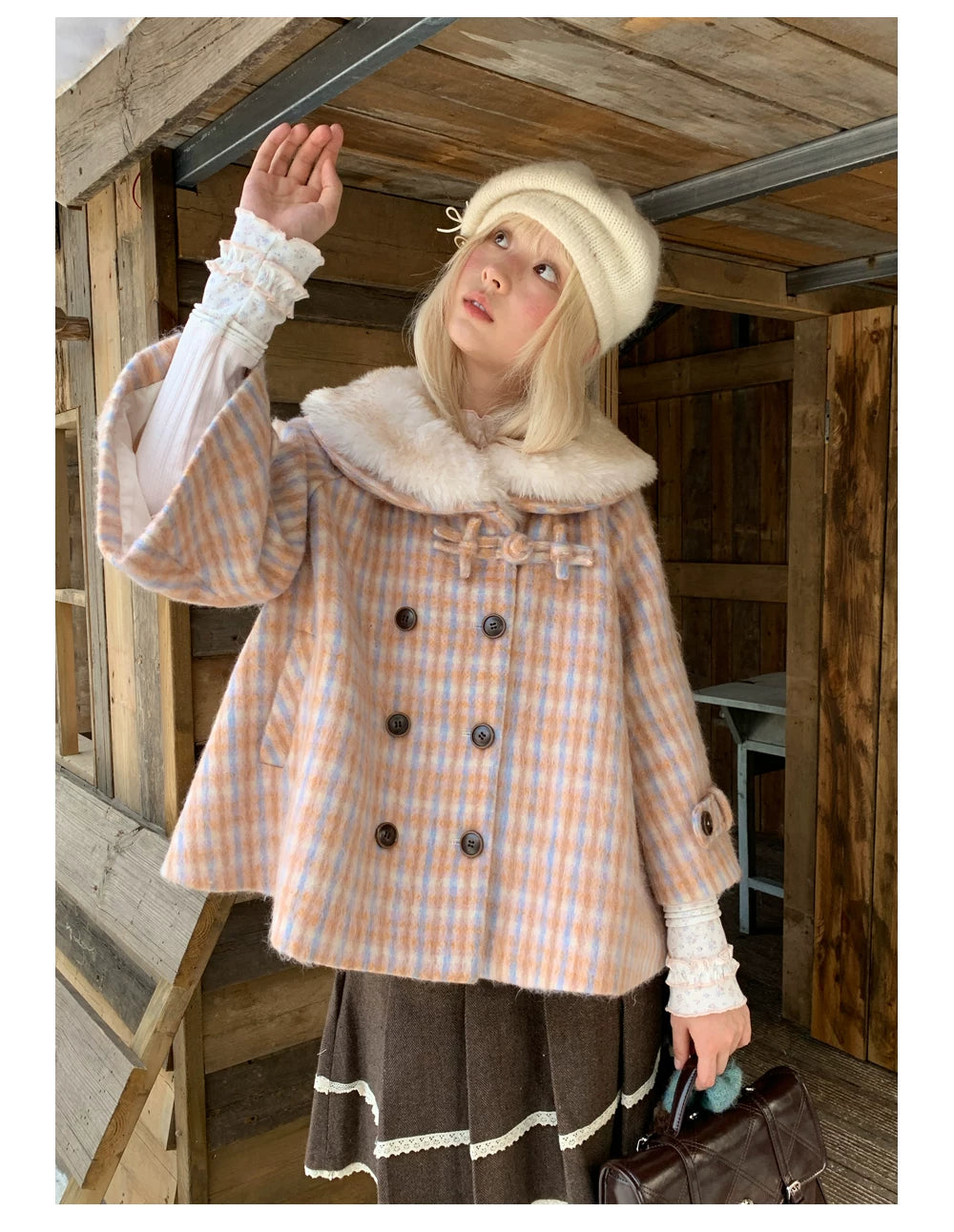 RF - Orange Plaid Cropped Cape Coat with Apricot Faux Fur Collar