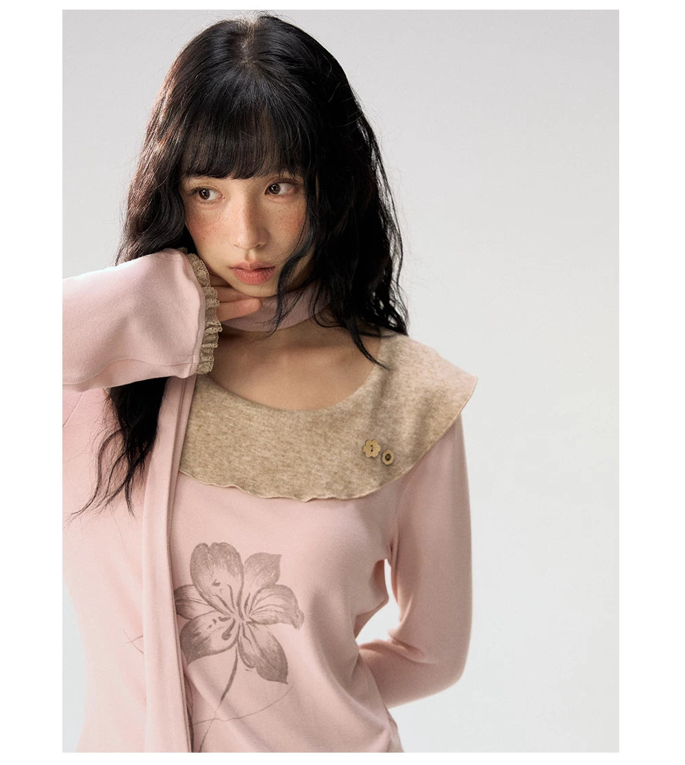 [CAN] "Dusky Floral Whispers" Blush & Chestnut Brown Set (Long Sleeve Top / Tassel Mini Skirt)