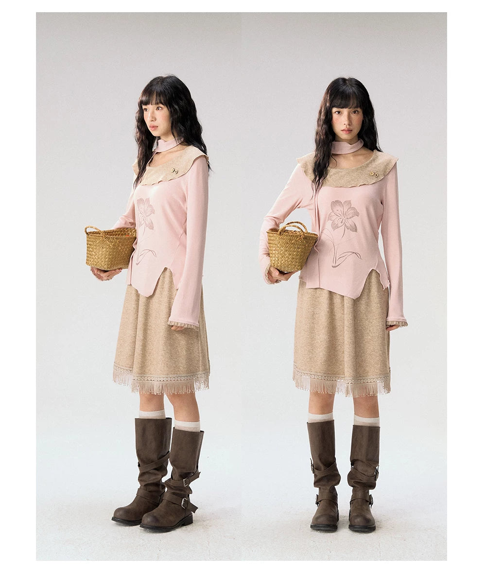 [CAN] "Dusky Floral Whispers" Blush & Chestnut Brown Set (Long Sleeve Top / Tassel Mini Skirt)