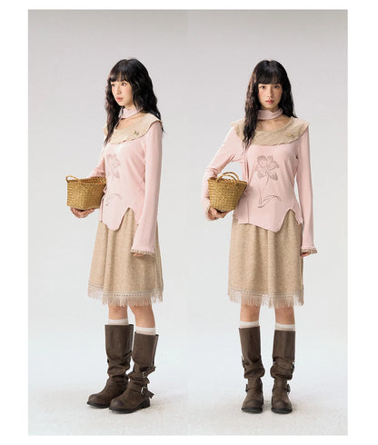 [CAN] "Dusky Floral Whispers" Blush & Chestnut Brown Set (Long Sleeve Top / Tassel Mini Skirt)
