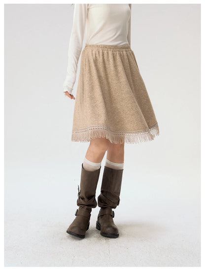 [CAN] "Dusky Floral Whispers" Blush & Chestnut Brown Set (Long Sleeve Top / Tassel Mini Skirt)