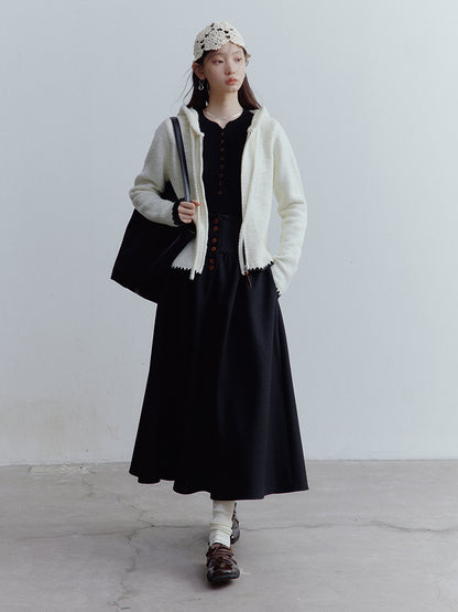 FUSSED Almond Cream Cropped Hooded Knit Jacket with Contrast Shell Embroidery FOF-25SS174
