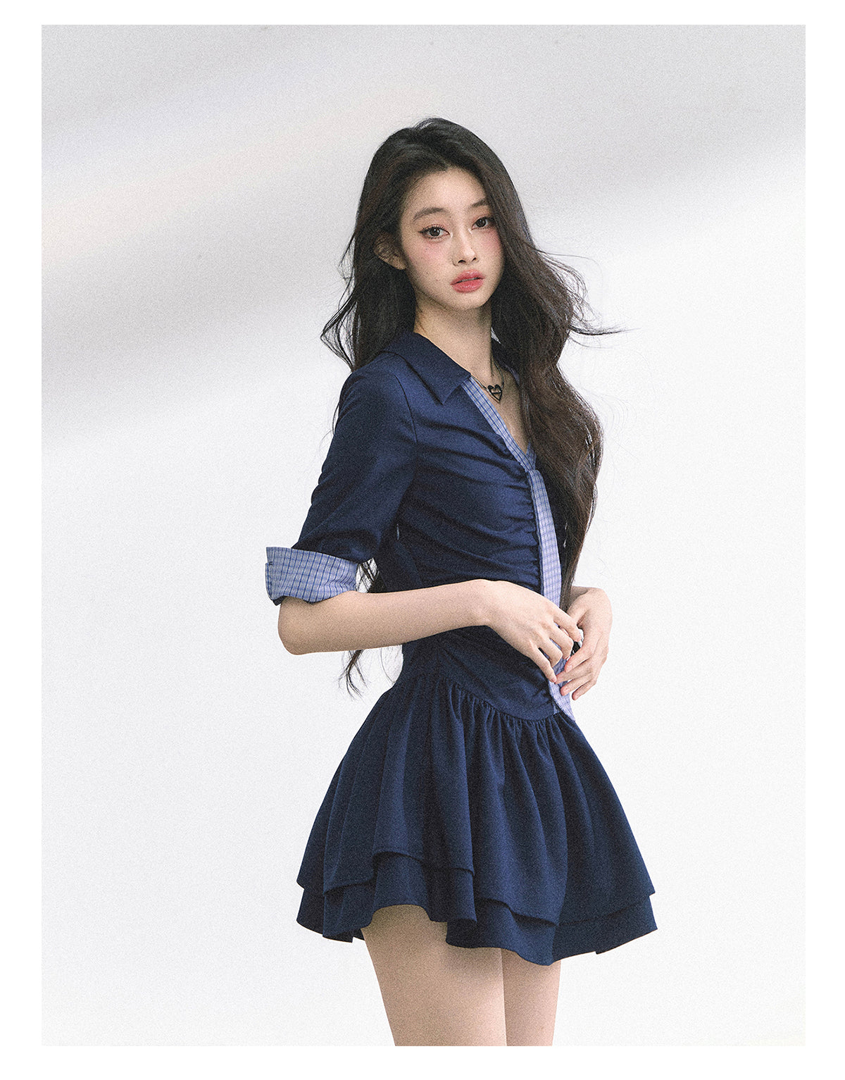 少也眼 "London Chronicle" Structured Plaid Puff-Sleeve Mini Shirt Dress - Navy Blue