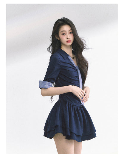 少也眼 "London Chronicle" Structured Plaid Puff-Sleeve Mini Shirt Dress - Navy Blue