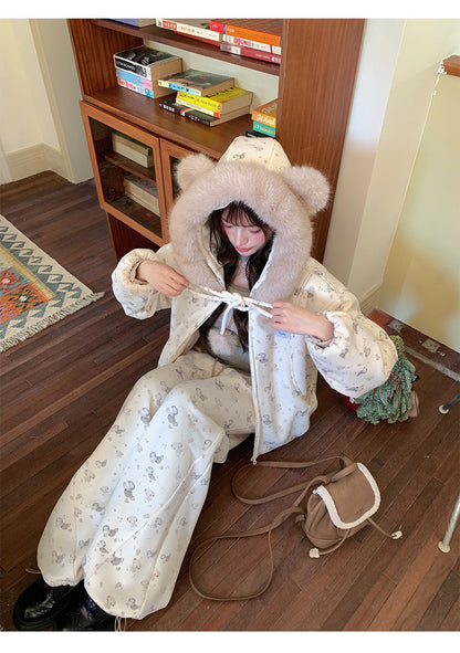 阮阮自制 - Honey Bear Ivory Plush Padded Jacket & Fleece Pants Set