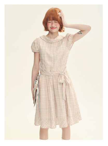 "Showa Girl" Vintage Plaid Floral Print Peter Pan Collar Bow Waist-Defined A-Line Dress