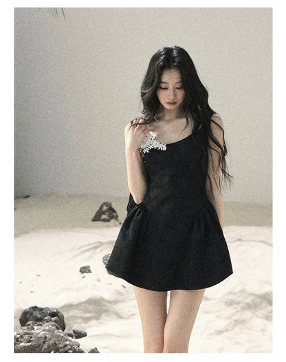 "Wisteria Climbing the Vines" Black Iris Floral Lace Puff Mini Dress 7645