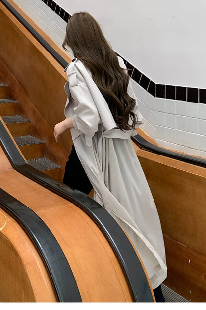 LaluneDuCiel - Beige Gray Double-Breasted Long Trench Coat