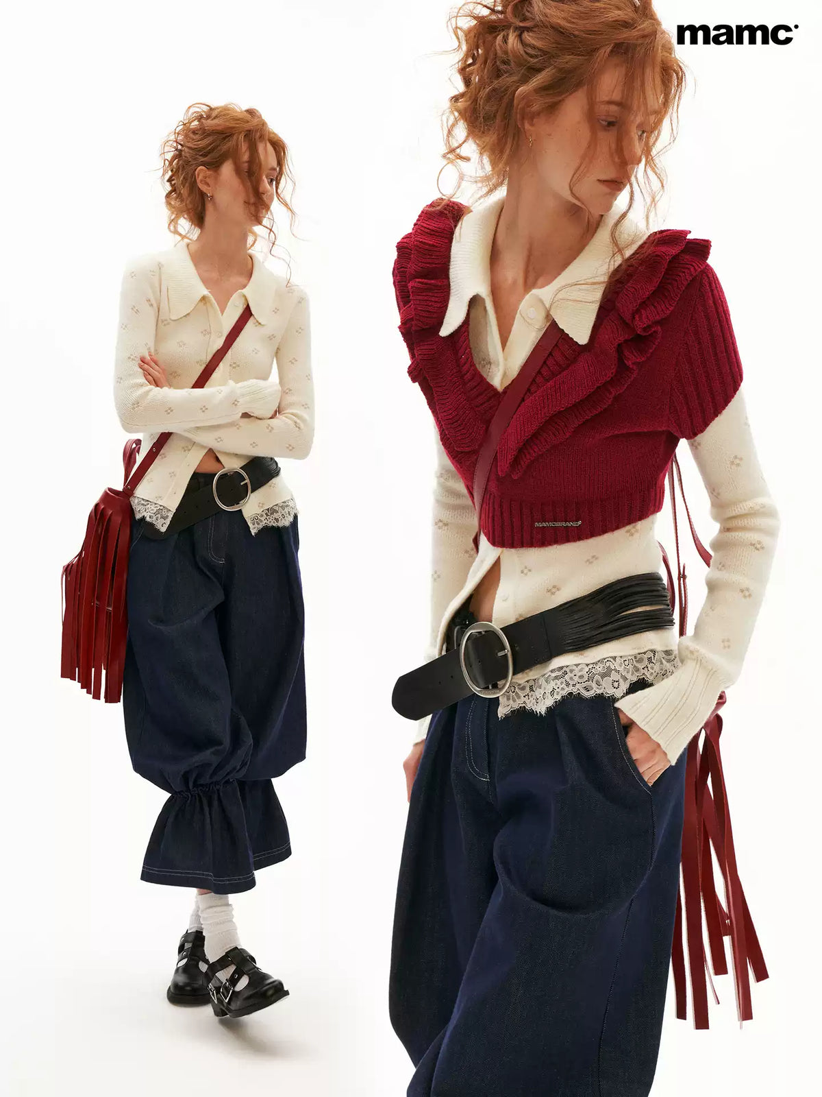 MAMC - Layered Muse V-Neck Knit Top (Red / Black)