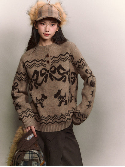 Soote Season - Fair Isle Cinnamon Bow Henley Knit Sweater