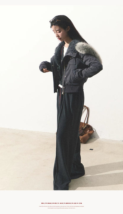 OAKMOO/ "Energy & Freedom" Mocha Gray Fur-Collar Cropped Hoodie Jacket