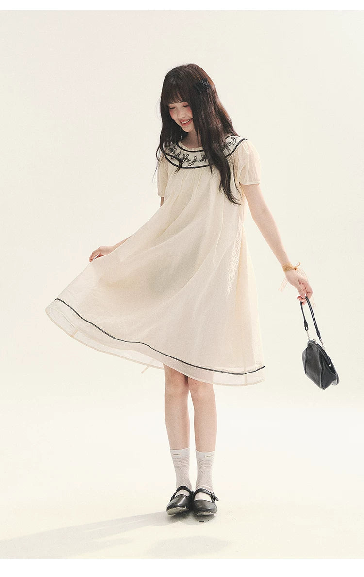 "Midnight Princess" Yellow Flower Rope Embroidered Babydoll Midi Dress