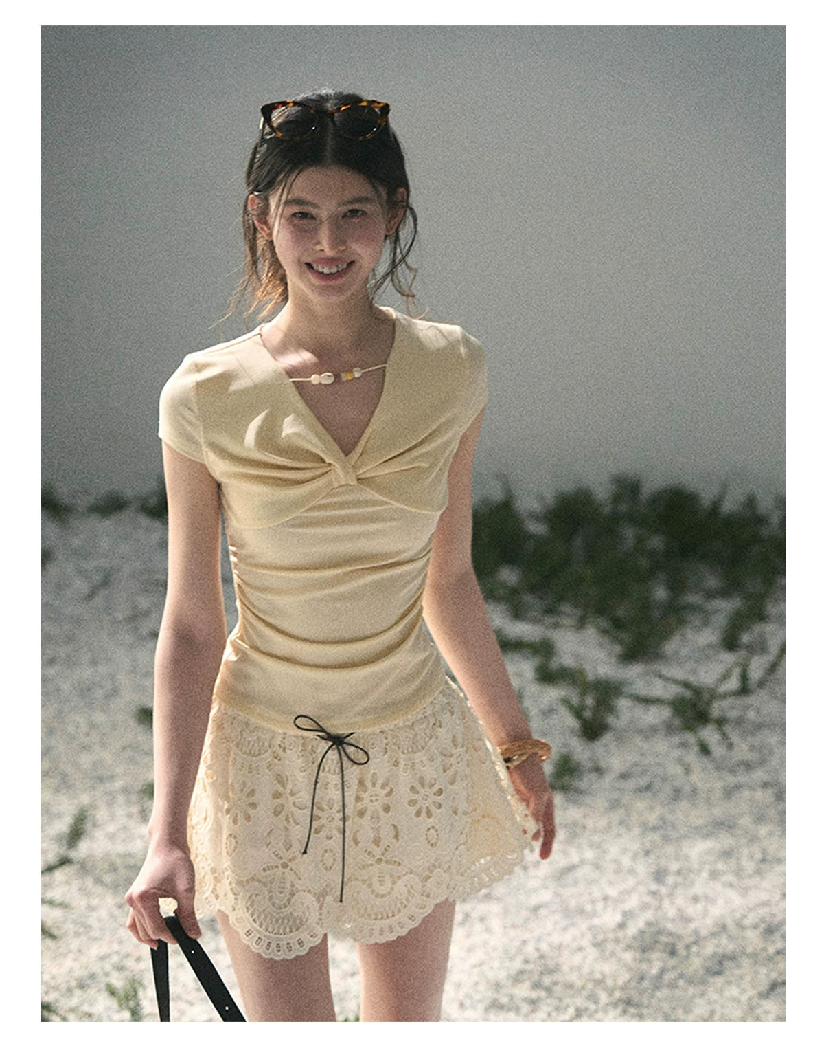 “Sheer Spring Whisper” Milkshake Yellow Twist V-Neck Top