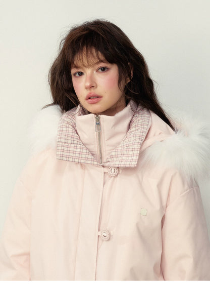SunsetPark - Blush Pink & Plaid 90% White Duck Down Puffer Jacket (Short / Long / Navy / Glacier Blue)