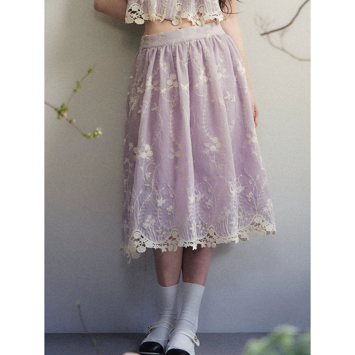 1P - Light Purple Lace Embroidered Peter Pan Collar Two-Piece Set