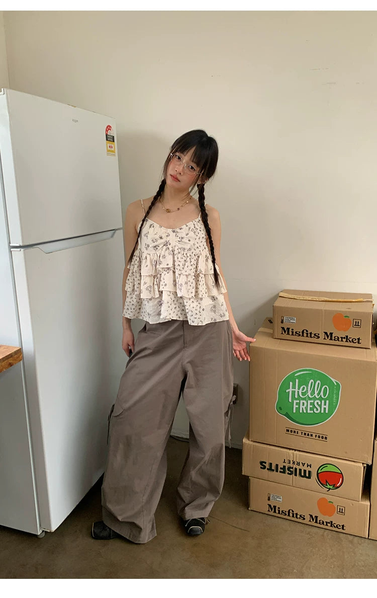 "Street Stroll Girl" Sage Gray Cotton Wide-Leg Cargo Pants