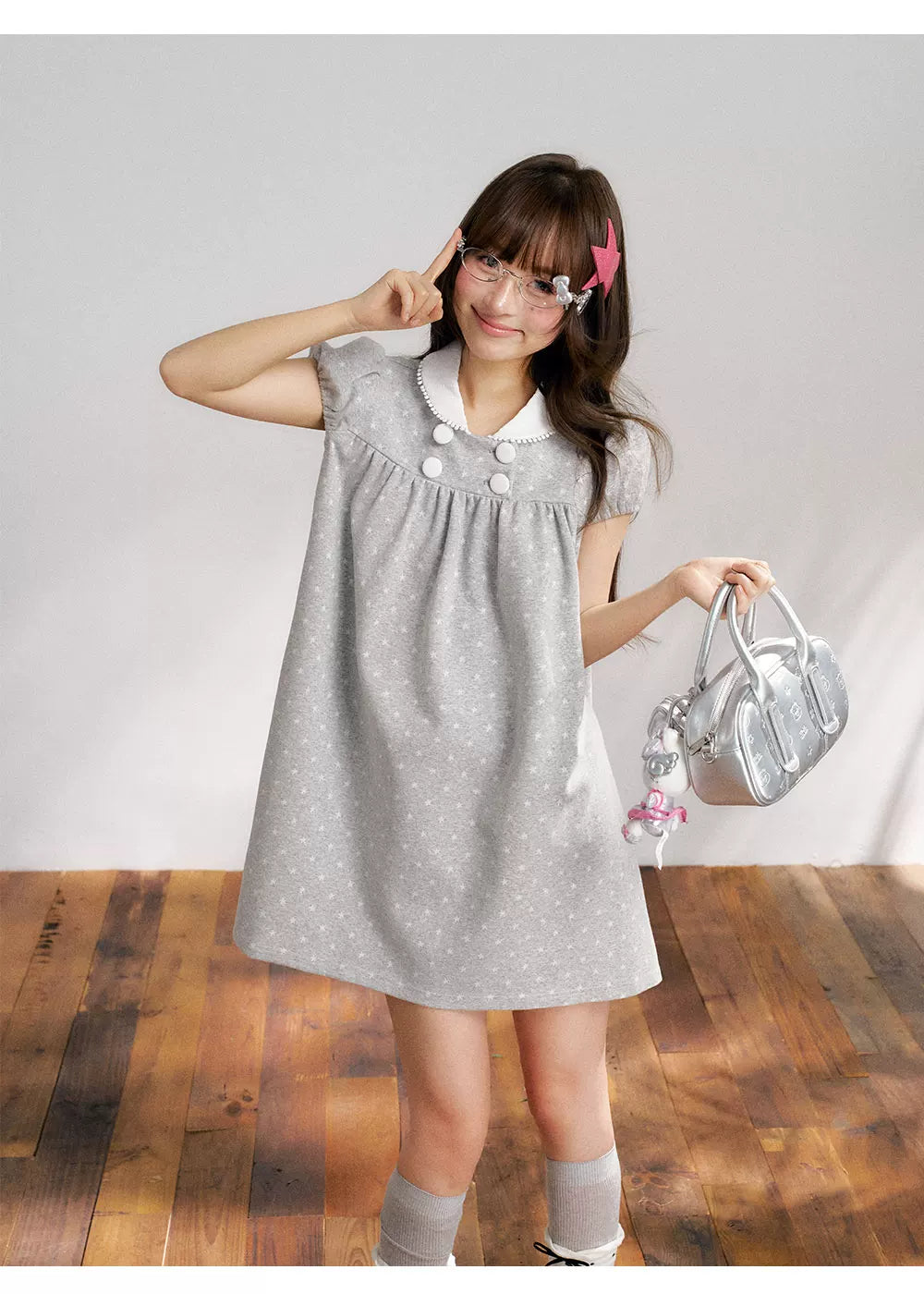 “Grey Sugar Cloud” Grey Polka Dot Doll Collar Dress