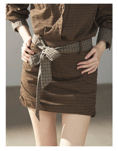 AOMALM - "A Promise Beneath the Oak" Crabapple Brown Plaid Shirt Dress with Belt