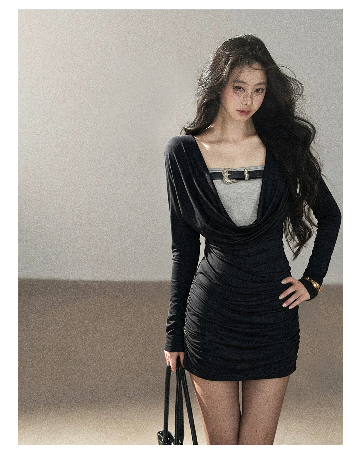 AOMALM - "Misty Shore" Quiet Black Layered Knit Mini Dress