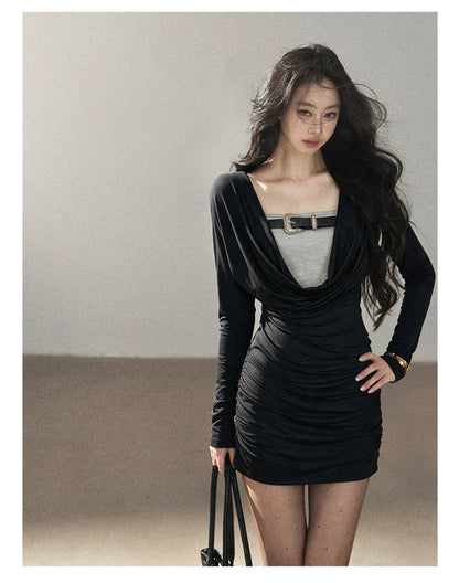 AOMALM - "Misty Shore" Quiet Black Layered Knit Mini Dress