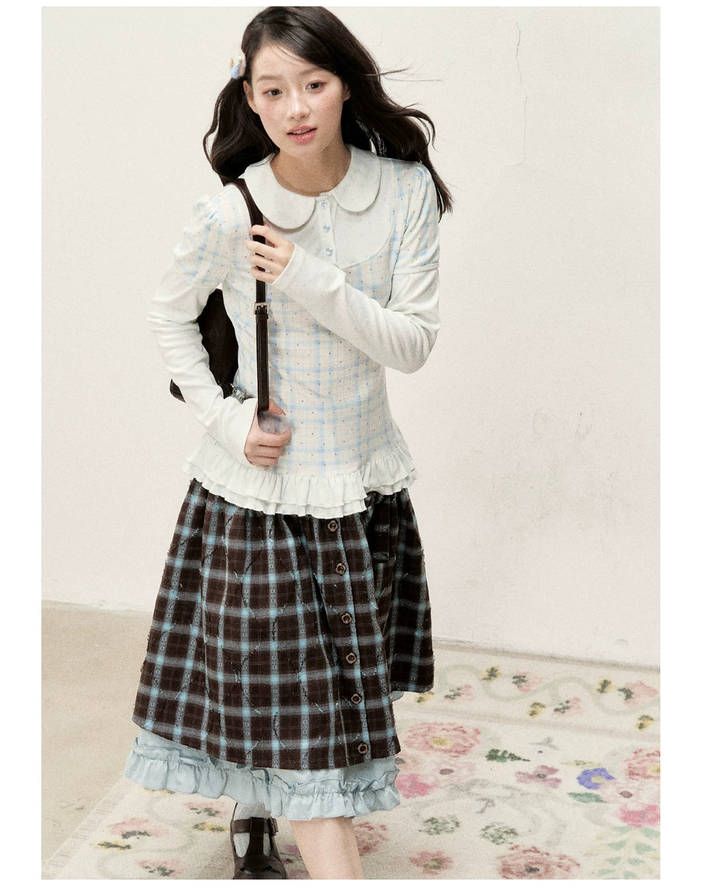 [RF] Star Blue Faux Two-Piece Lace-Trim Blouse with Peter Pan Collar