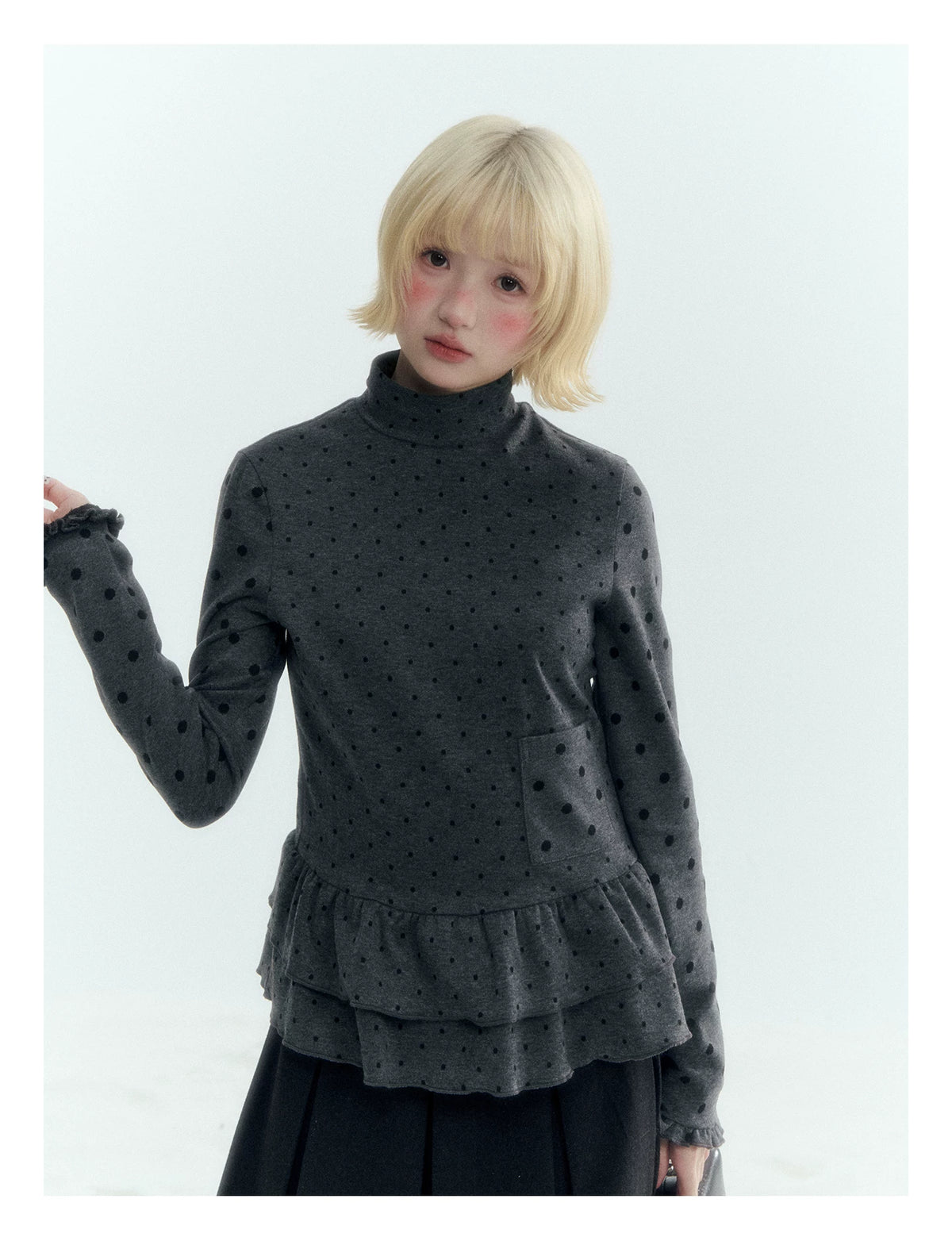 Horridale - Dark Gray Polka Dot Mock Neck Layering Top with Ruffle Hem