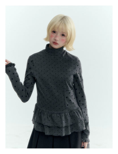 Horridale - Dark Gray Polka Dot Mock Neck Layering Top with Ruffle Hem
