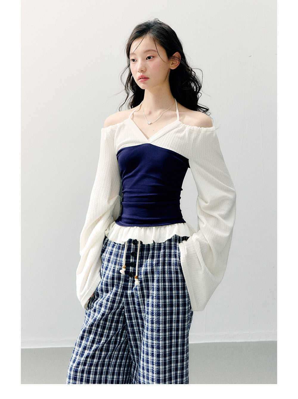 ANNATTO - Spring Navy & Ivory Off-Shoulder Knit Top & Plaid Pants Set