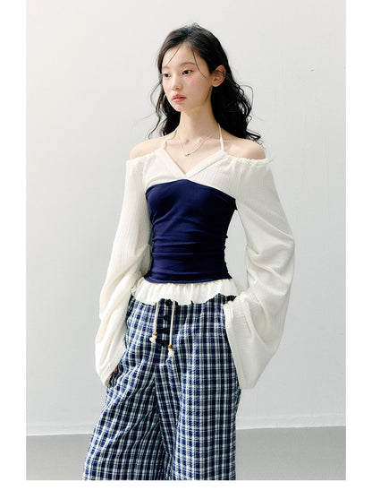 ANNATTO - Spring Navy & Ivory Off-Shoulder Knit Top & Plaid Pants Set