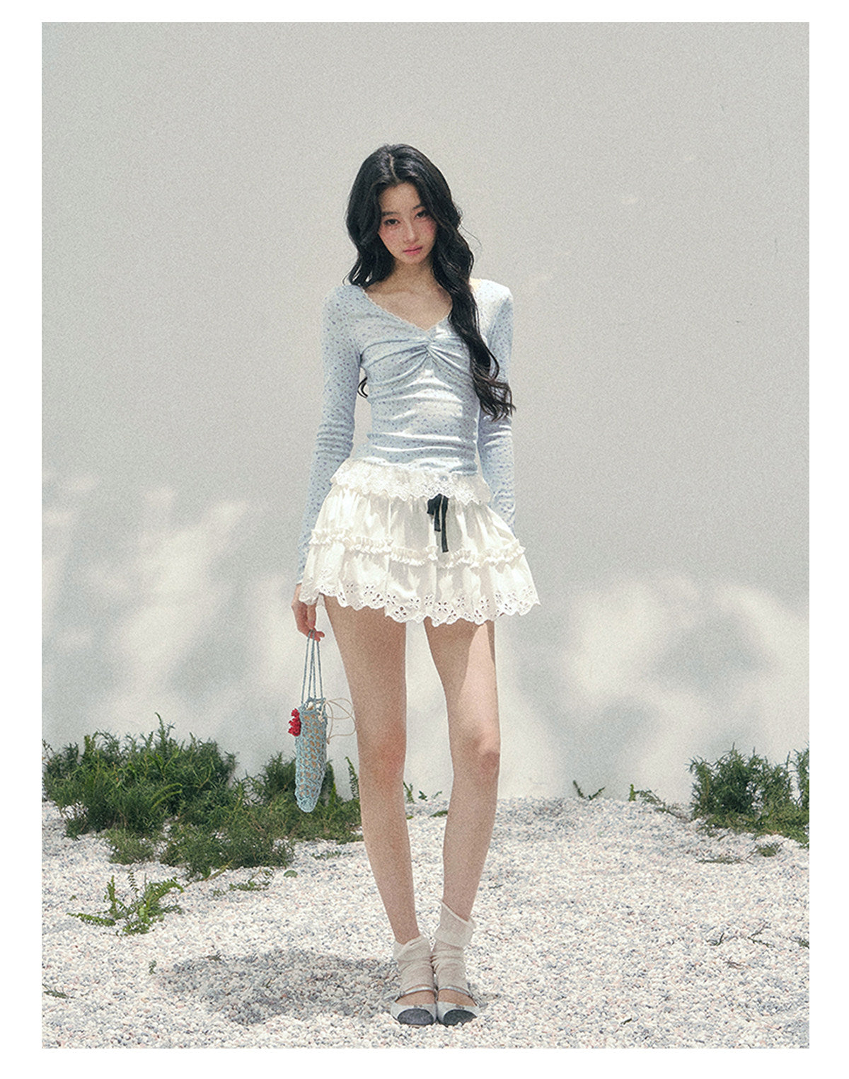 少也眼 "Heartbeat Pause" Baby Blue Back Lace Cut-Out Top 53685634