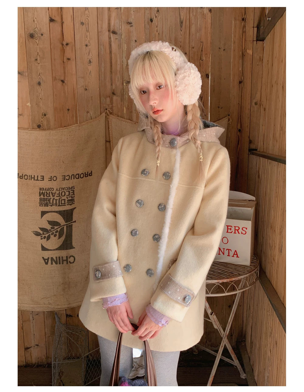 RF - Cream Yellow Hooded Wool-Blend Coat with Polka Dot Pockets