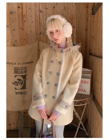 RF - Cream Yellow Hooded Wool-Blend Coat with Polka Dot Pockets