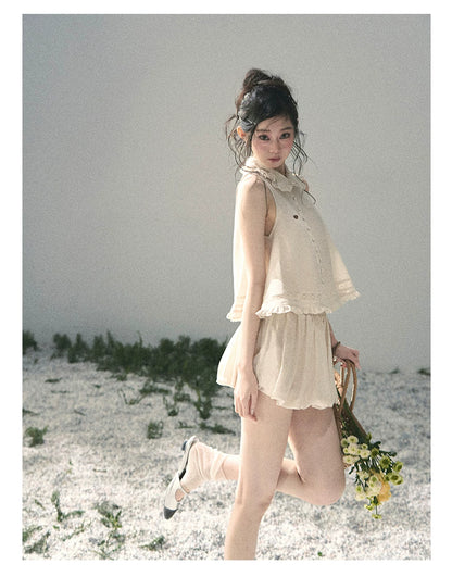 "Soft Cloud Reverie" Dutch Cream Lace Top & Bubble Skirt & Wide-Leg Pants Set 5468465