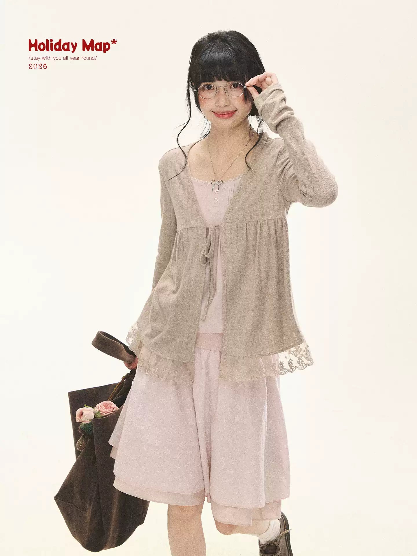 "Roasted Tea Heart" Milk Tea Faux-Layer Lace Cardigan & Skirt Set