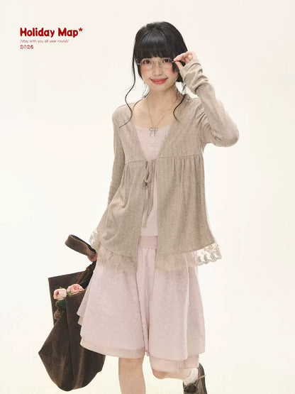 "Roasted Tea Heart" Milk Tea Faux-Layer Lace Cardigan & Skirt Set