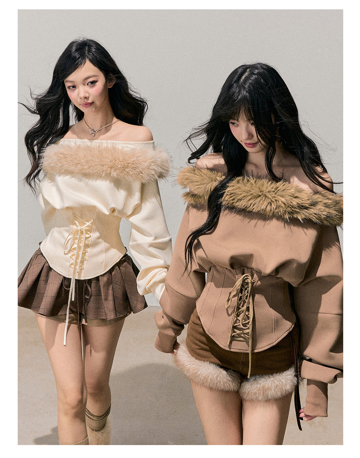 少也眼 "Lingering Sunset Warmth" Off-Shoulder Faux Fur Trim Tee