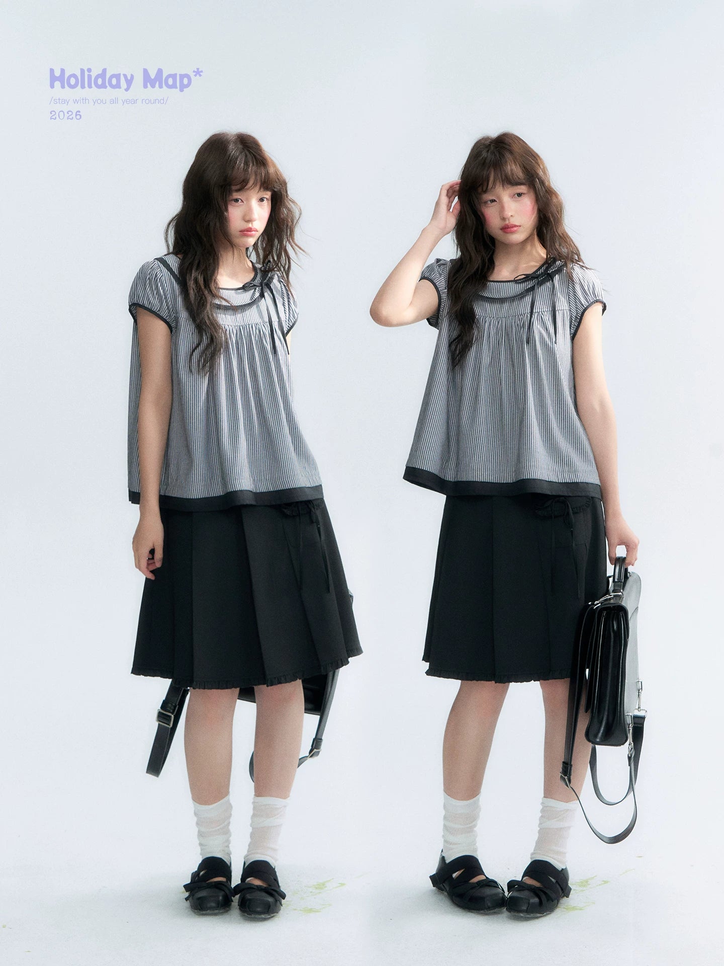 "Black Toast" Black Stripe Asymmetrical Collar Babydoll Blouse