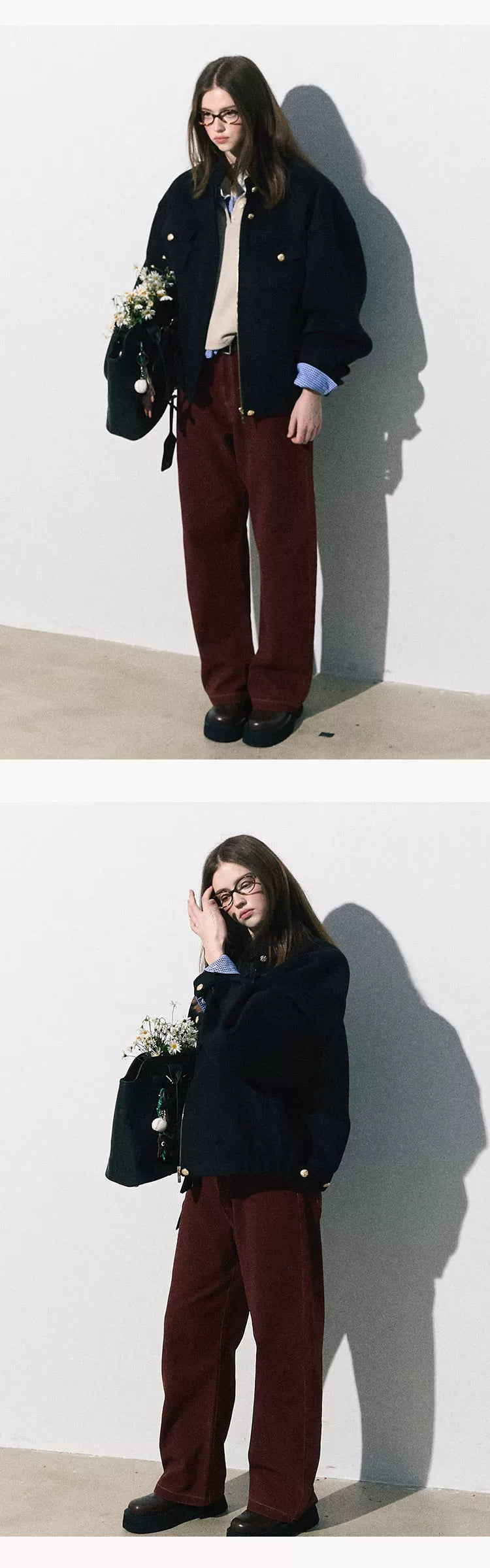 OAKMOO/ "Plum Blossom Mood" Classic Black Wool-Blend Harrington Jacket