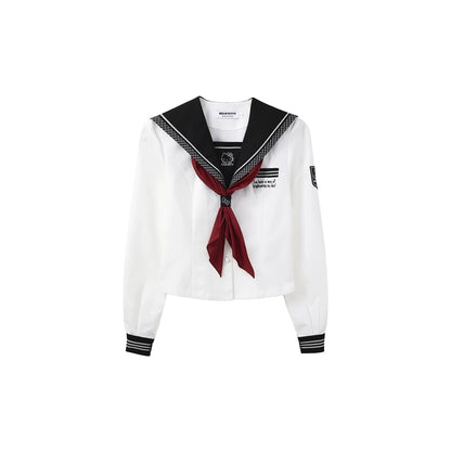 Slim-Fit Preppy Style Set - Sailor Collar Shirt / Front Box-Pleat Skirt / Polka Dot Skirt