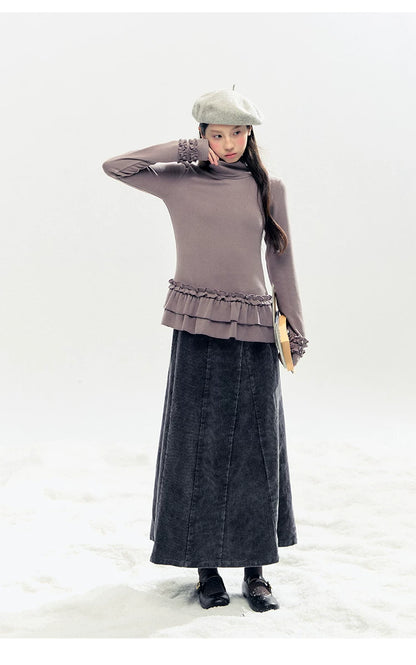 "Lavender Mist" Smoky Mauve Ruffle Ruched Turtleneck Knit Top