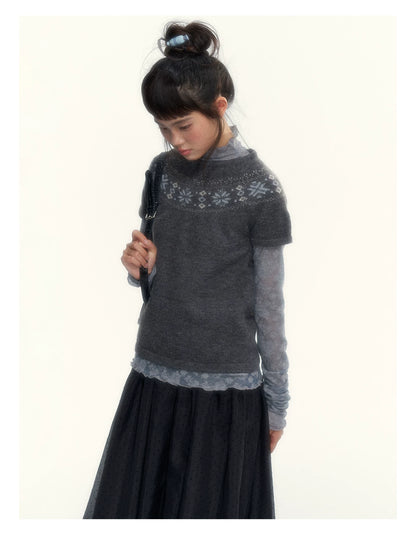 Deep Gray Fair Isle Short-Sleeve Knit Sweater