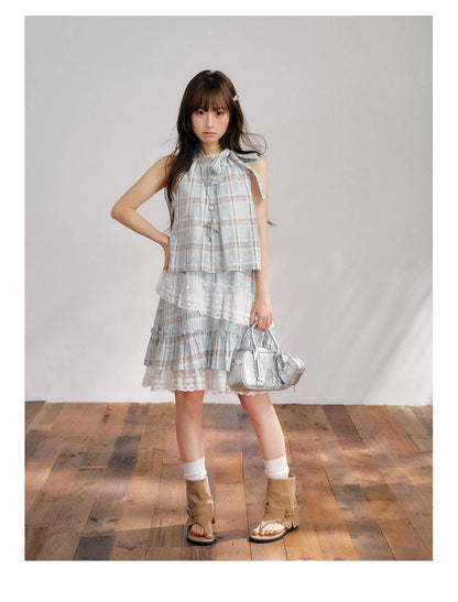 “Berry Fairytale Sonata” Misty Blue Ribbon Neck Lace Dress