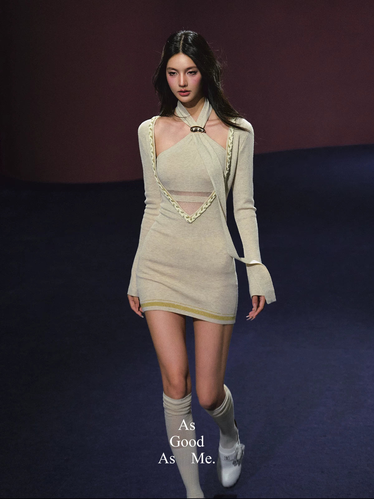 "Soft Sonata" Light Apricot Layered Sheer Knit Dress