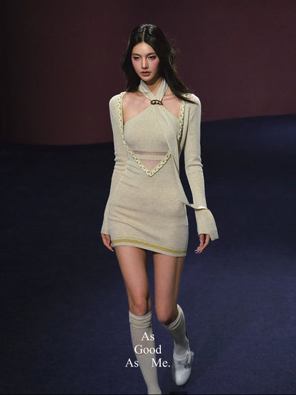 "Soft Sonata" Light Apricot Layered Sheer Knit Dress