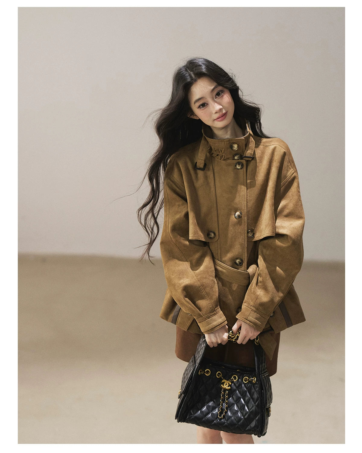 AOMALM - Chestnut Brown Faux-Suede Cropped Utility Coat with Belt