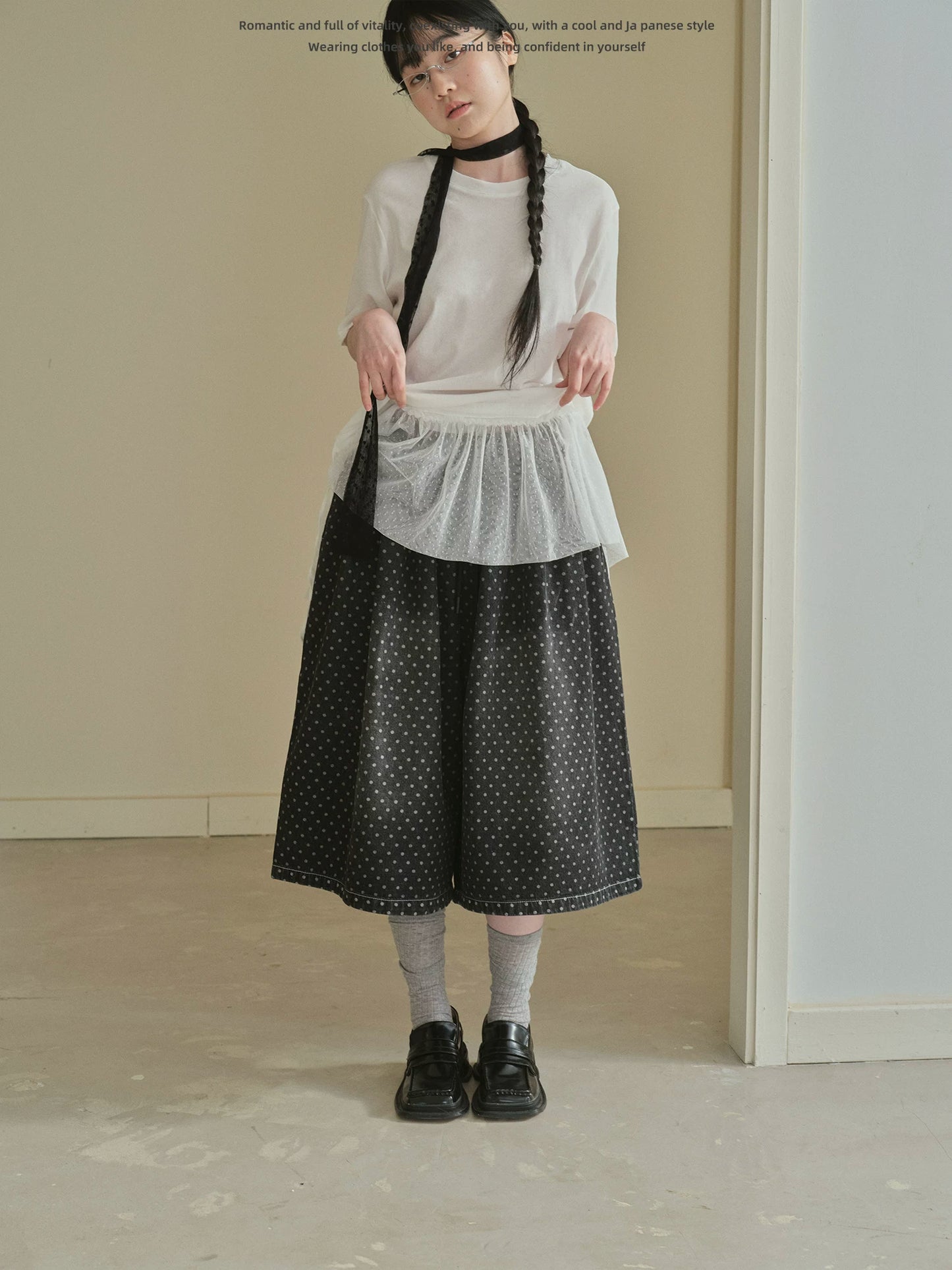 "Midnight Dots" Charcoal Black Polka Dot Cropped Wide Leg Jeans