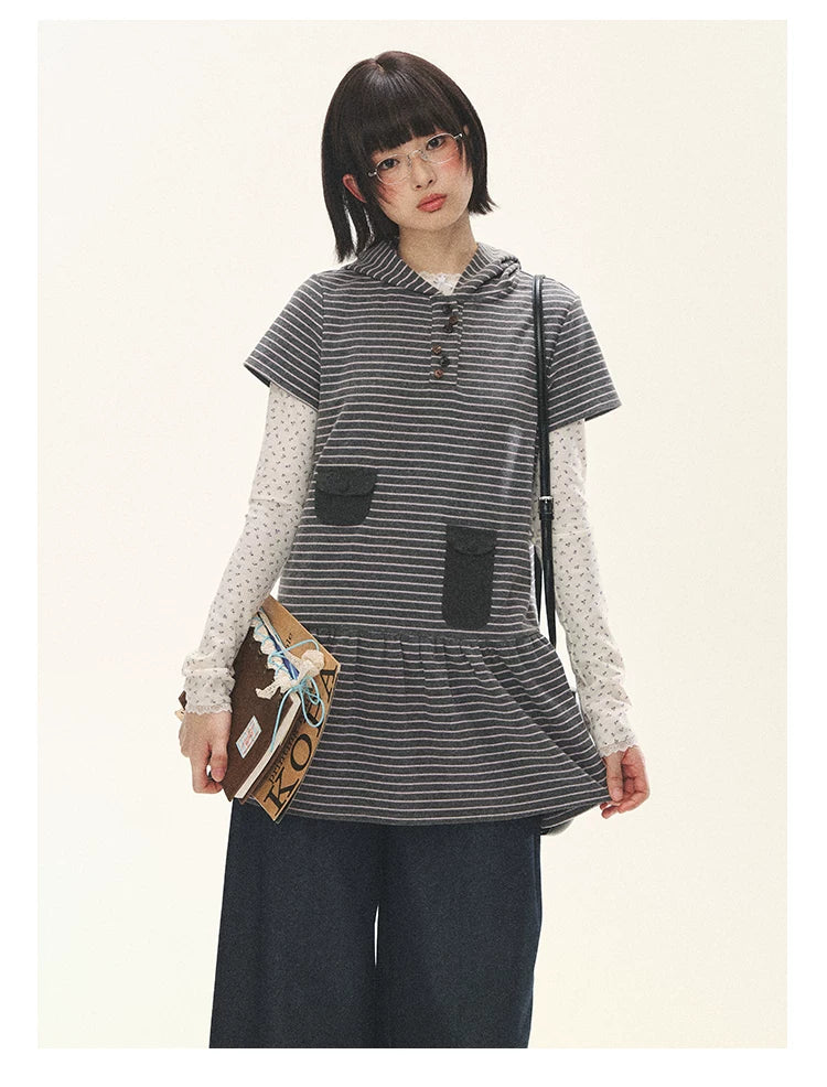 "Seoul Diary" Gray & Pink Stripe Hooded Knit Mini Dress