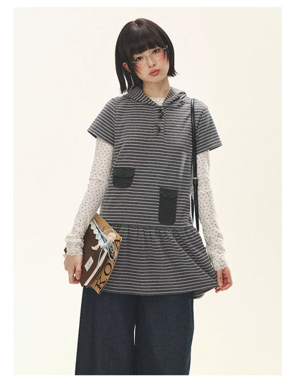 "Seoul Diary" Gray & Pink Stripe Hooded Knit Mini Dress