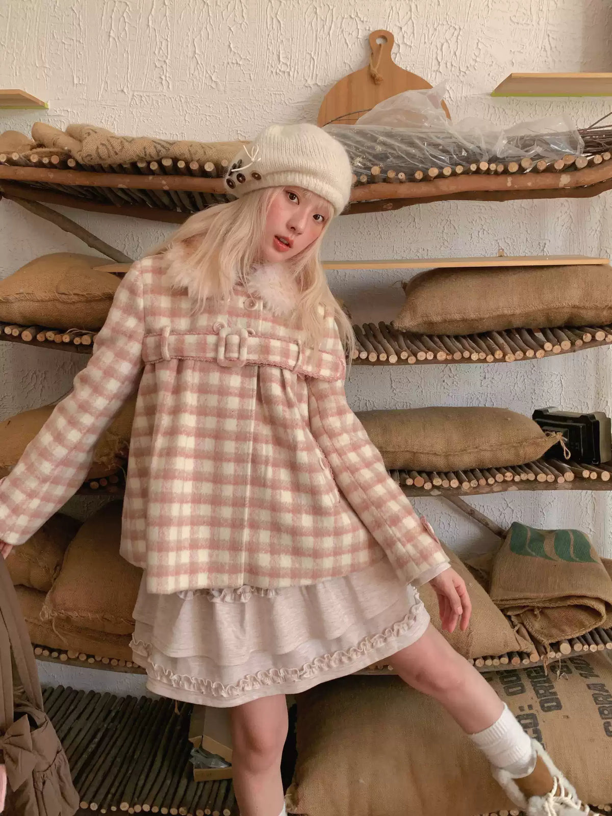 RF - Dusty Pink Plaid Wool-Look Coat with Detachable Fur Collar